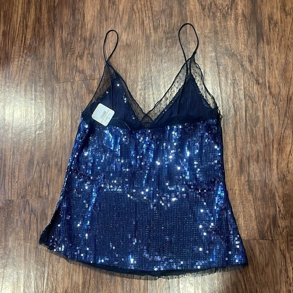 NWT Free People Women's Blue Sassy Sequin Tank Top Size S Lace V-Neck Intimately - Picture 5 of 14